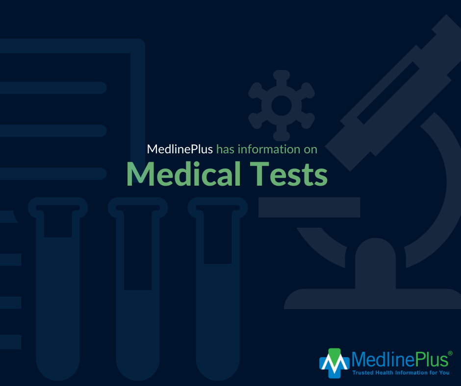 Lab vials, lab notes, and a microscope. MedlinePlus logo.