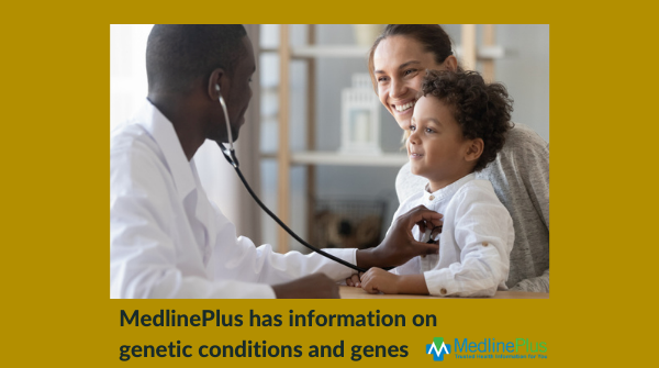 Doctor using a stethoscope to listen to the heart of a young child on parent's lap. MedlinePlus logo.