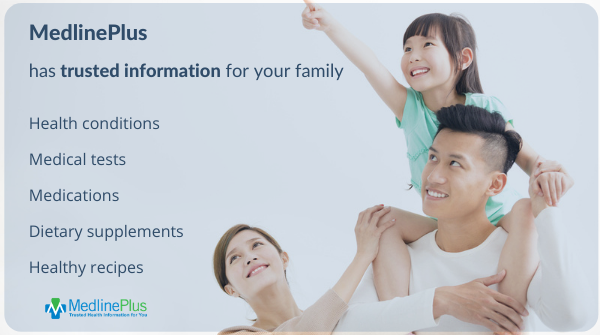 Young family smiling with daughter pointing to the sky and the MedlinePlus logo.